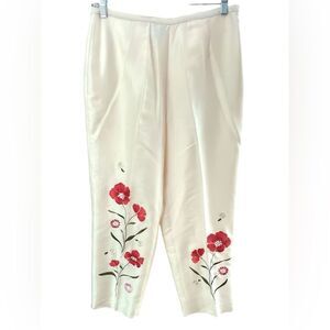 Vintage Yves Cossette Fully Lined Cream Silk Pants Floral Embroidery Size 12